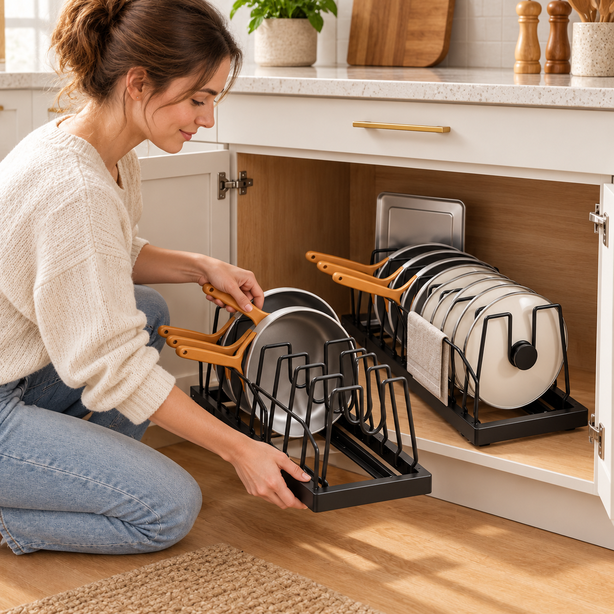 🍳 Pot & Pan Organizer | Adjustable Dividers | Kitchen Cabinet Storage | Space-Saving Rack