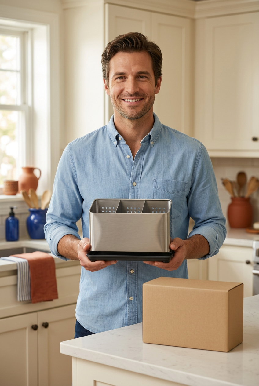 Male model holding the silver cutlery organizer