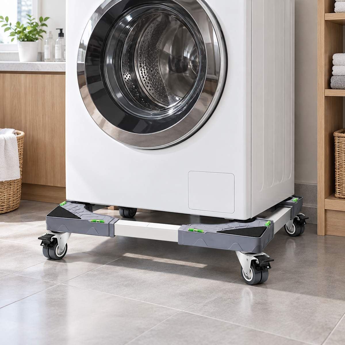 🛠️ Heavy-Duty | Metal Adjustable Frame | Laundry Room Mover | Level Bubble Design