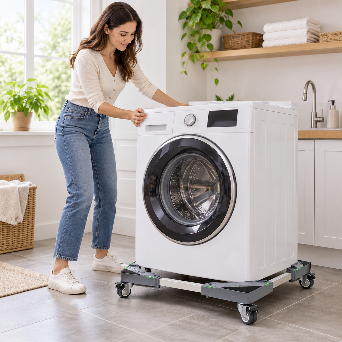 🛠️ Heavy-Duty | Metal Adjustable Frame | Laundry Room Mover | Level Bubble Design
