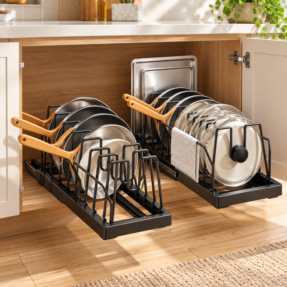 🍳 Pot & Pan Organizer | Adjustable Dividers | Kitchen Cabinet Storage | Space-Saving Rack