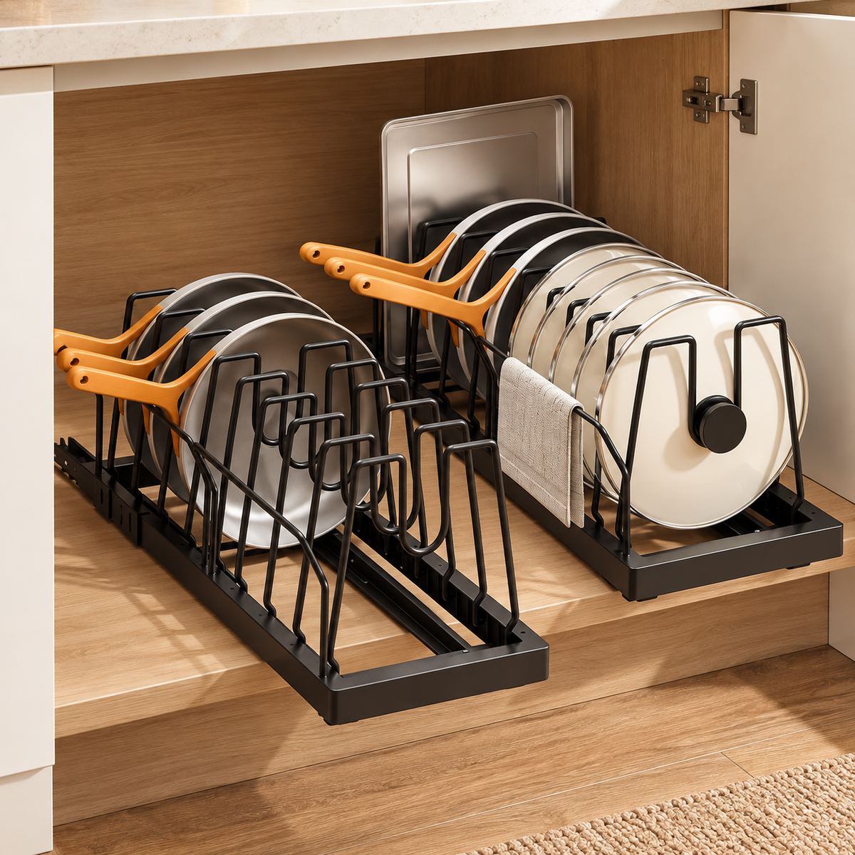 🍳 Pot & Pan Organizer | Adjustable Dividers | Kitchen Cabinet Storage | Space-Saving Rack