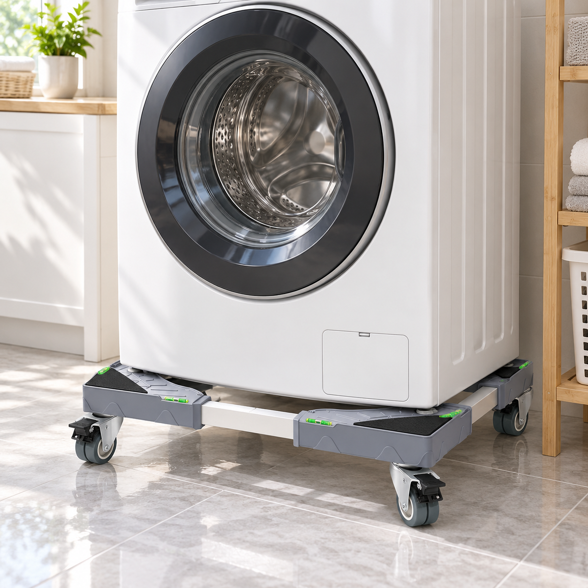 🛠️ Heavy-Duty | Metal Adjustable Frame | Laundry Room Mover | Level Bubble Design
