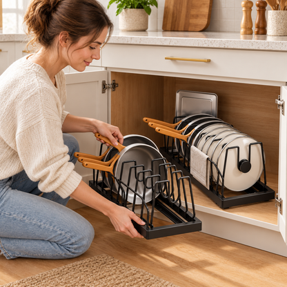 🍳 Pot & Pan Organizer | Adjustable Dividers | Kitchen Cabinet Storage | Space-Saving Rack