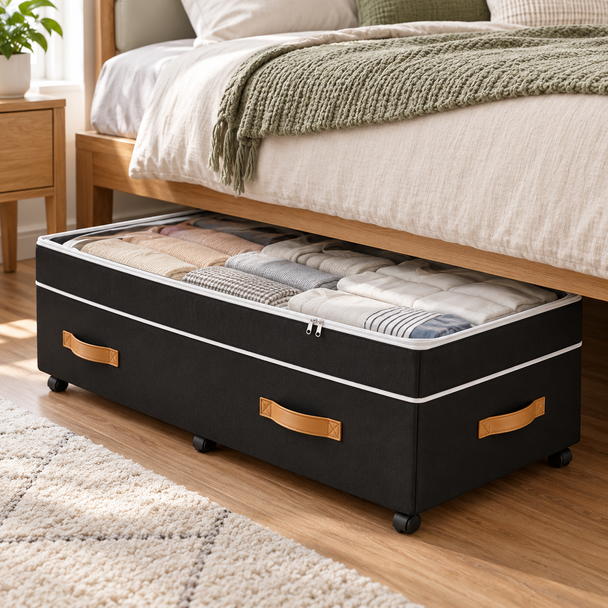 🛏️ Under-Bed Storage | Rolling Fabric Organizer | Bedroom Space Saver | Clear-Top Design