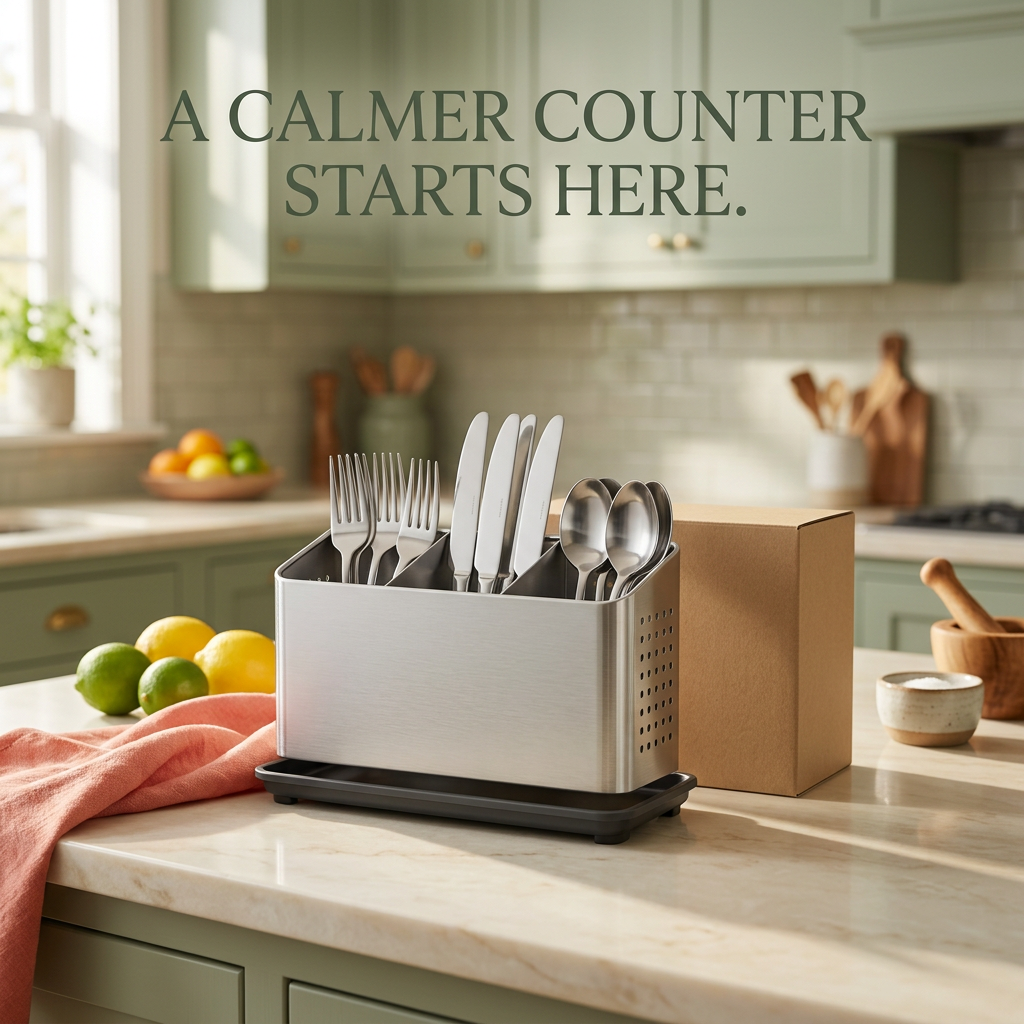 Stainless steel cutlery organizer styled in a sage kitchen