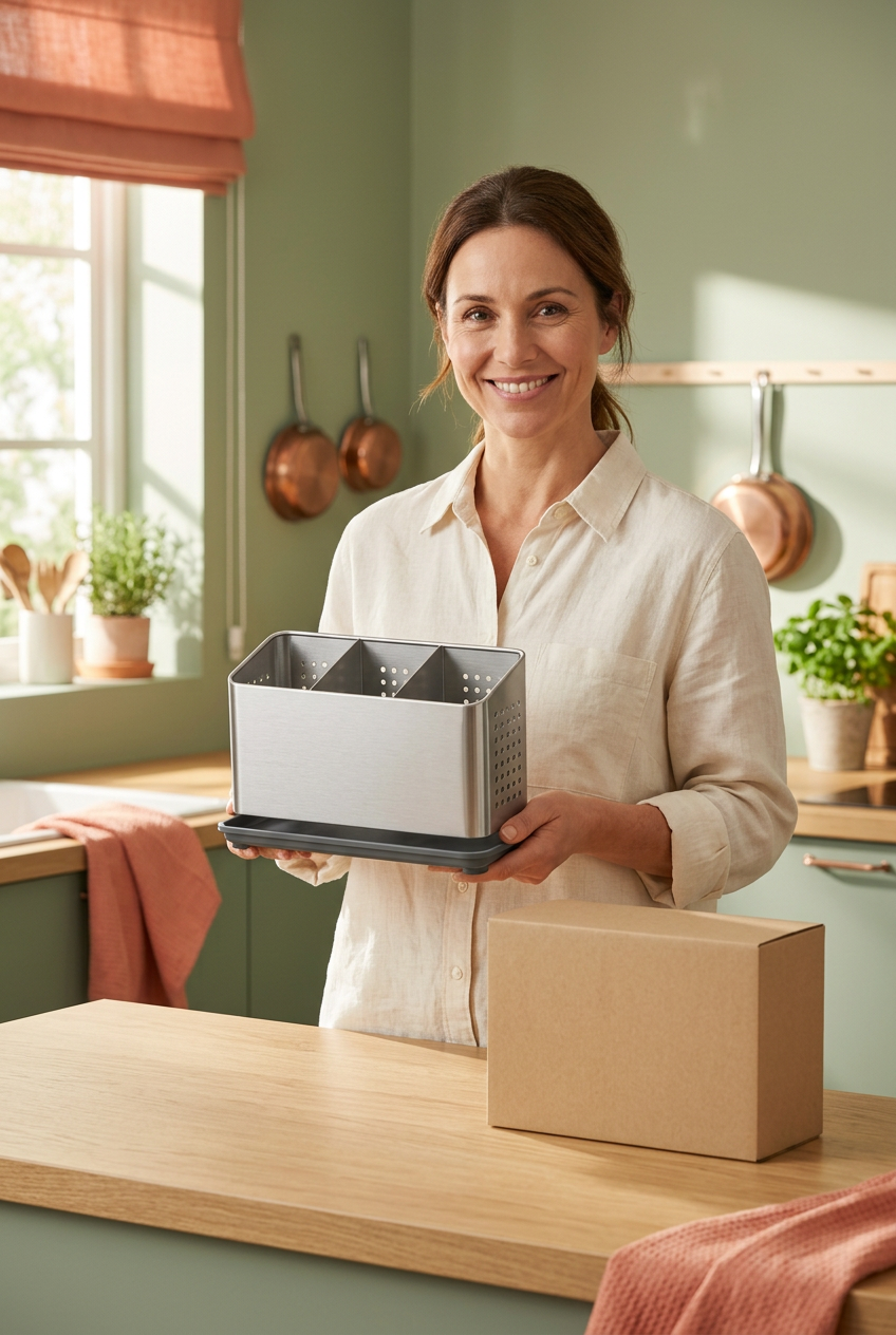Female model holding the silver cutlery organizer