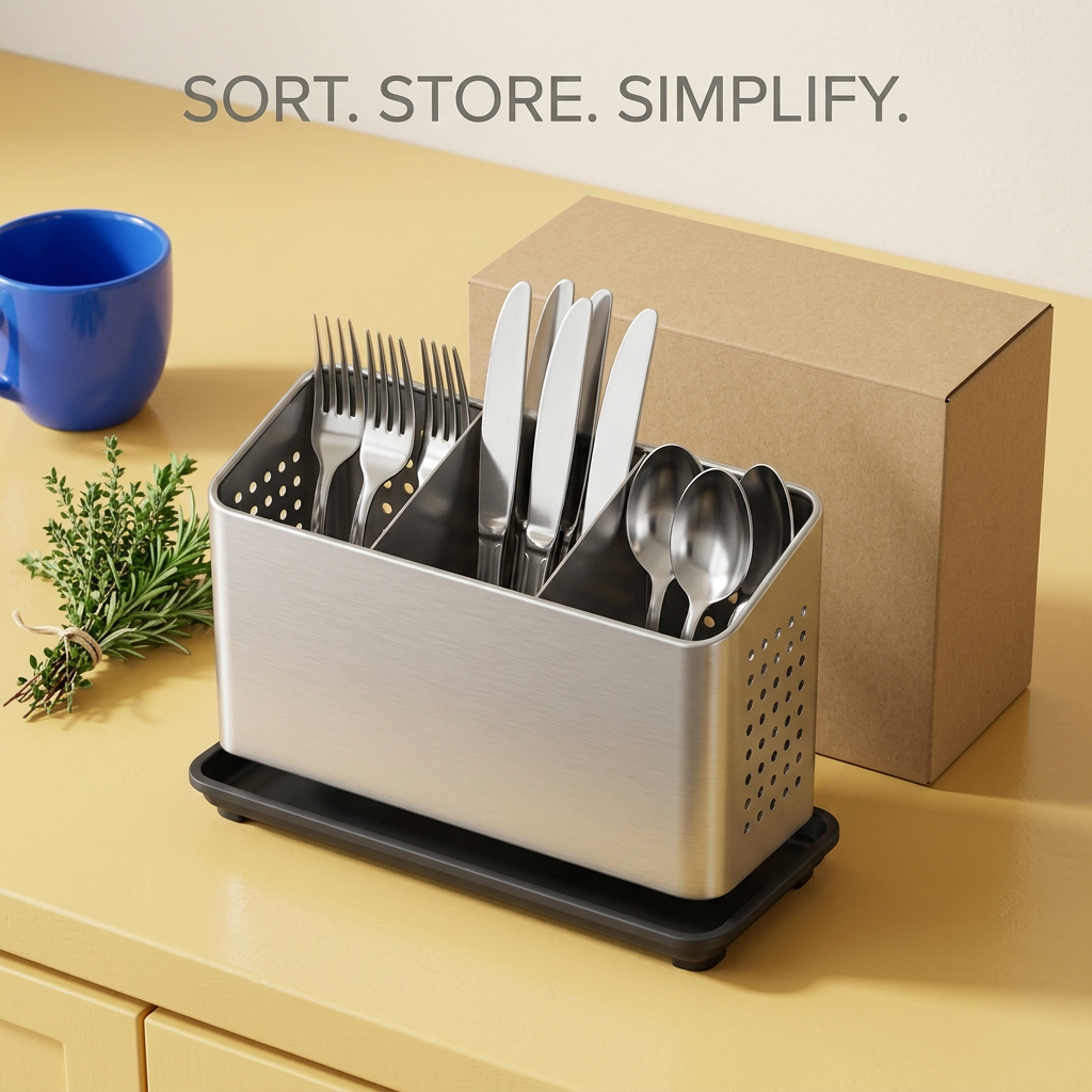 Overhead view of organized cutlery in a silver caddy