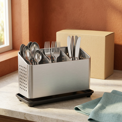 Three-compartment cutlery caddy on a warm kitchen counter