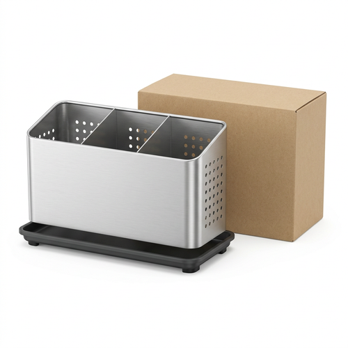 Silver cutlery organizer and plain kraft box on a white background